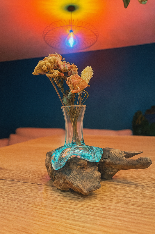 Petit vase artisanal en verre recyclé et fondu sur bois de Gamal Boisia