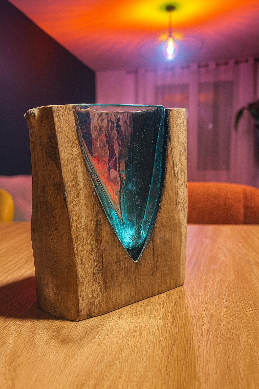 Vase d'art en forme de V en verre recyclé et fondu sur bois de Gamal Boisia