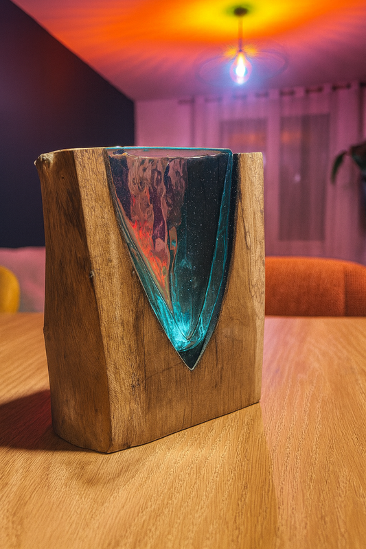 Vase d'art en forme de V en verre recyclé et fondu sur bois de Gamal Boisia