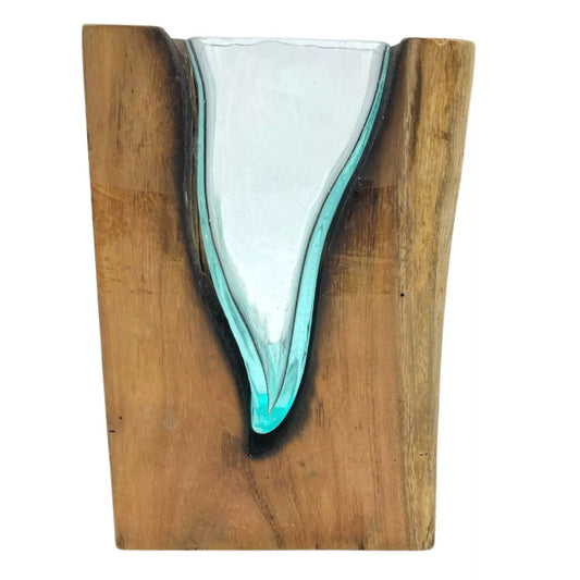 Vase d'art en forme de V en verre fondu sur bois de Gamal Boisia